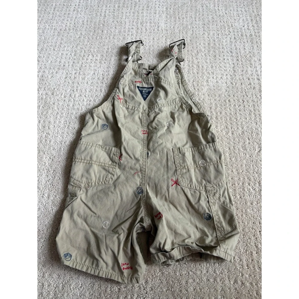OshKosh Bgosh Kids 4T Khaki Baseball Home Run Embroidered Canvas Short Overalls